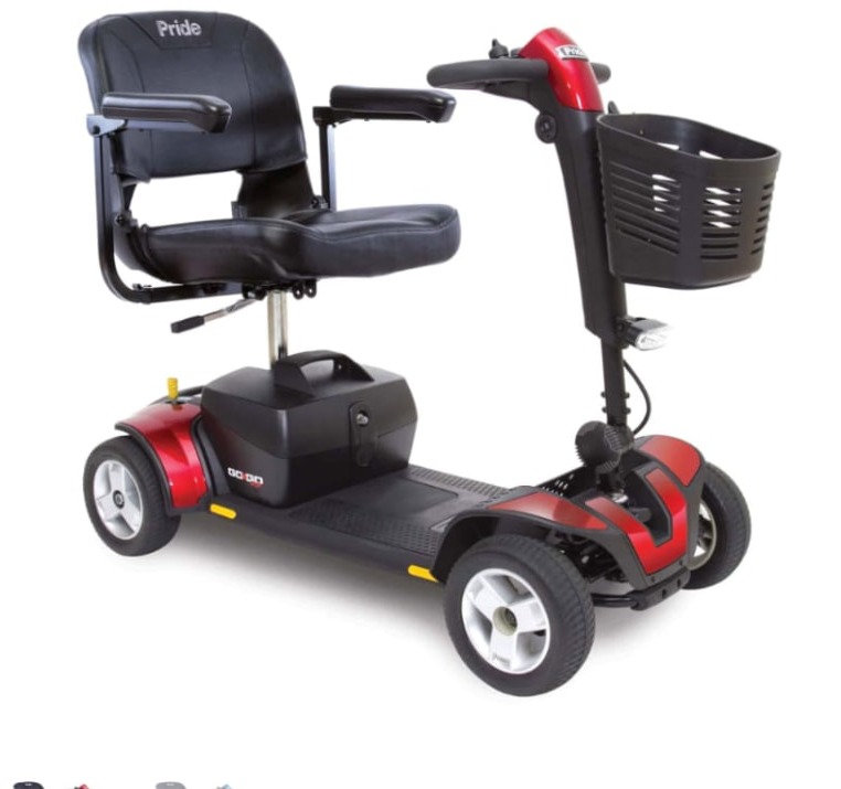 Red Pride Go-Go Sport 4-wheel mobility scooter with front basket